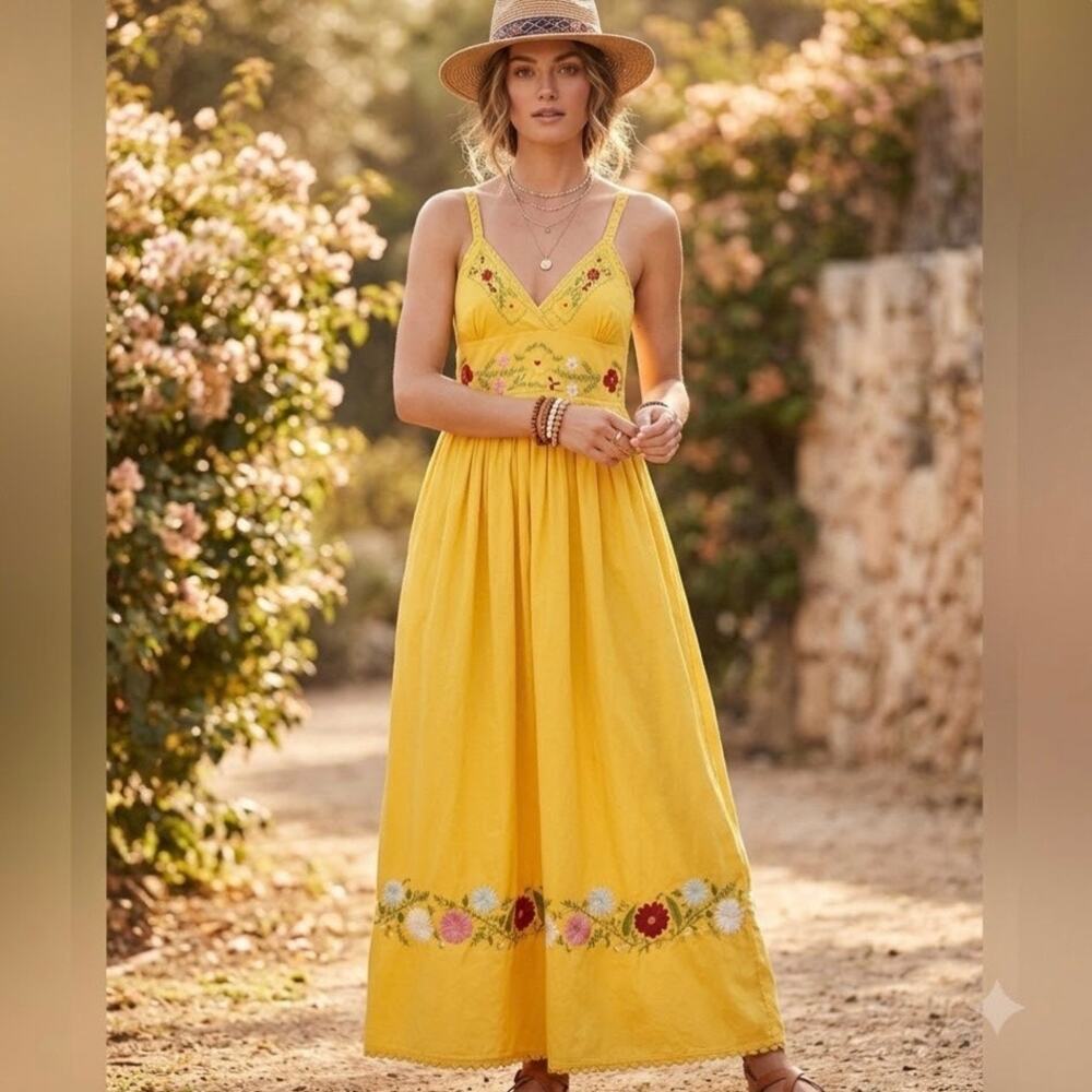 CANDELA NYC Embroidered Floral Cotton Maxi Dress S Yellow Boho Hippie Festival